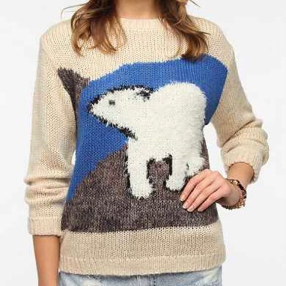 Pins & Needles Fuzzy Polar Bear Sweater Beige Blue Medium Crew Neck - Picture 1 of 13